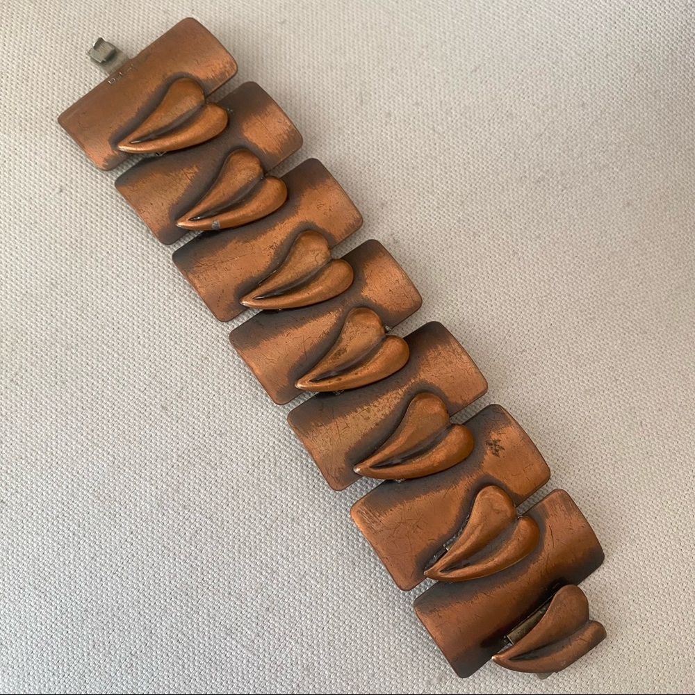 Rare Vintage 60s Rebajes Copper Dimensional Heart Panel Bracelet Modernist